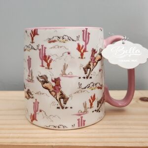 Pink and White Ceramic Cowgirl Rodeo Horse, Cactus, Mountain! Print Mug - NWT